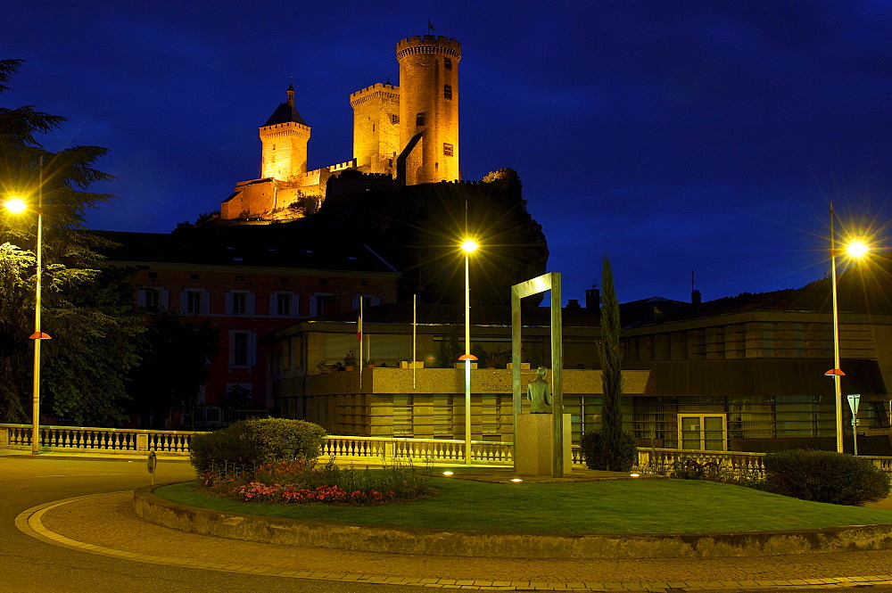 Castle of Foix, Chateau de Foix, at dusk, Cathar country, Ariege, Midi Pyrenees, France, Europe