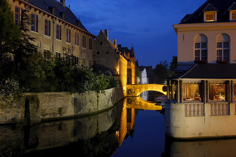 Water reflection, River Dijver, Bruges at dusk, Flanders, Belgium, Europe