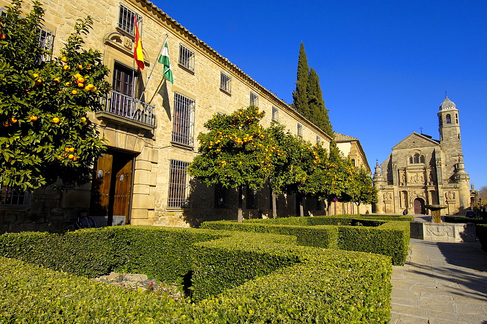 Chapel of the Savior or Capilla del Salvador, 16th century, and Parador Nacional del Condestable Davalos in Plaza de Vazquez Molina, ubeda, Jaen province, Andalusia, Spain, Europe