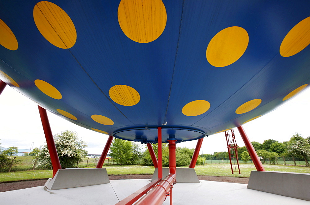 Artistically designed spherical container for the intermediate storage of natural gas during gas usage peak times, ELE, Emscher-Lippe-Energy, regional energy provider in the Ruhr Area, Gelsenkirchen, North Rhine-Westphalia, Germany, Europe