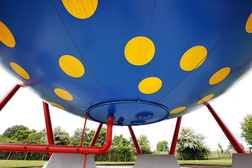 Artistically designed spherical container for the intermediate storage of natural gas during gas usage peak times, ELE, Emscher-Lippe-Energy, regional energy provider in the Ruhr Area, Gelsenkirchen, North Rhine-Westphalia, Germany, Europe