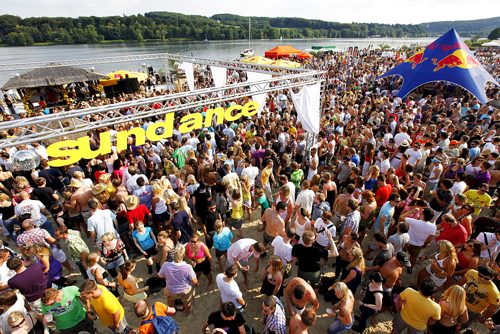 Sundance festival, dance party with techno and house music, in the Seaside Beach Club at Baldeneysee lake, Essen, Ruhrgebiet area, North Rhine-Westphalia, Germany, Europe