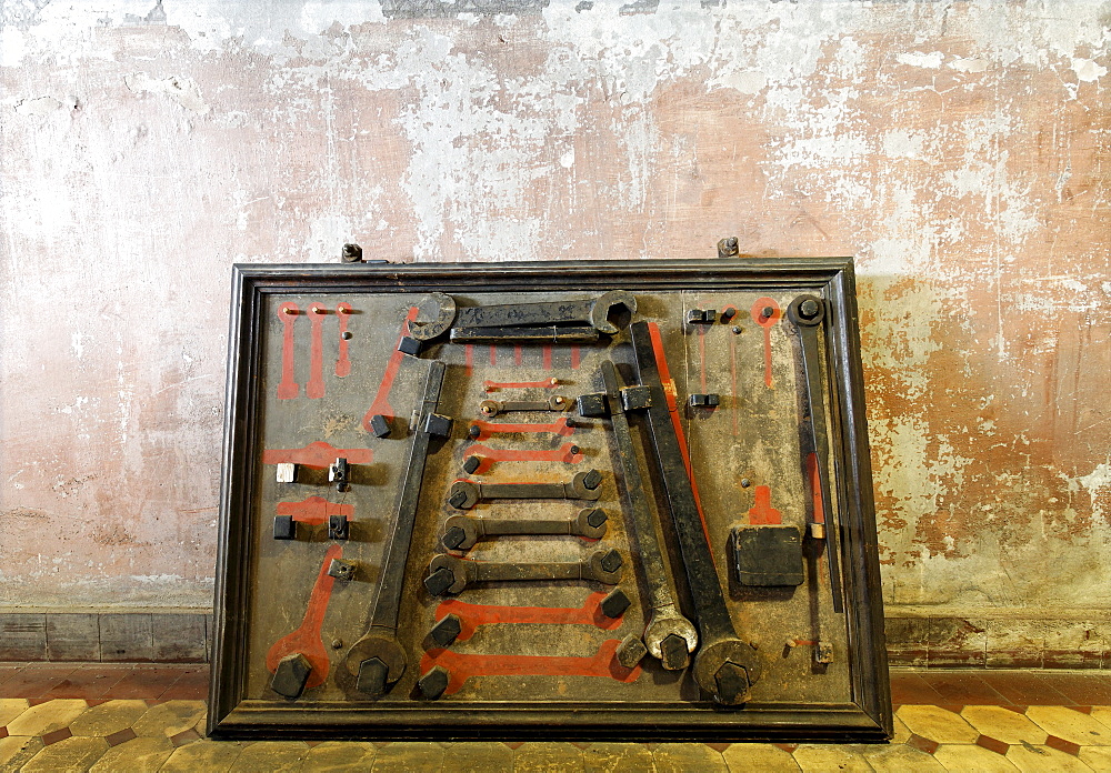 Board with large wrenches, powerhouse, Hendrichs swage forge, LVR Industrial Museum, Solingen, North Rhine-Westphalia, Germany, Europe