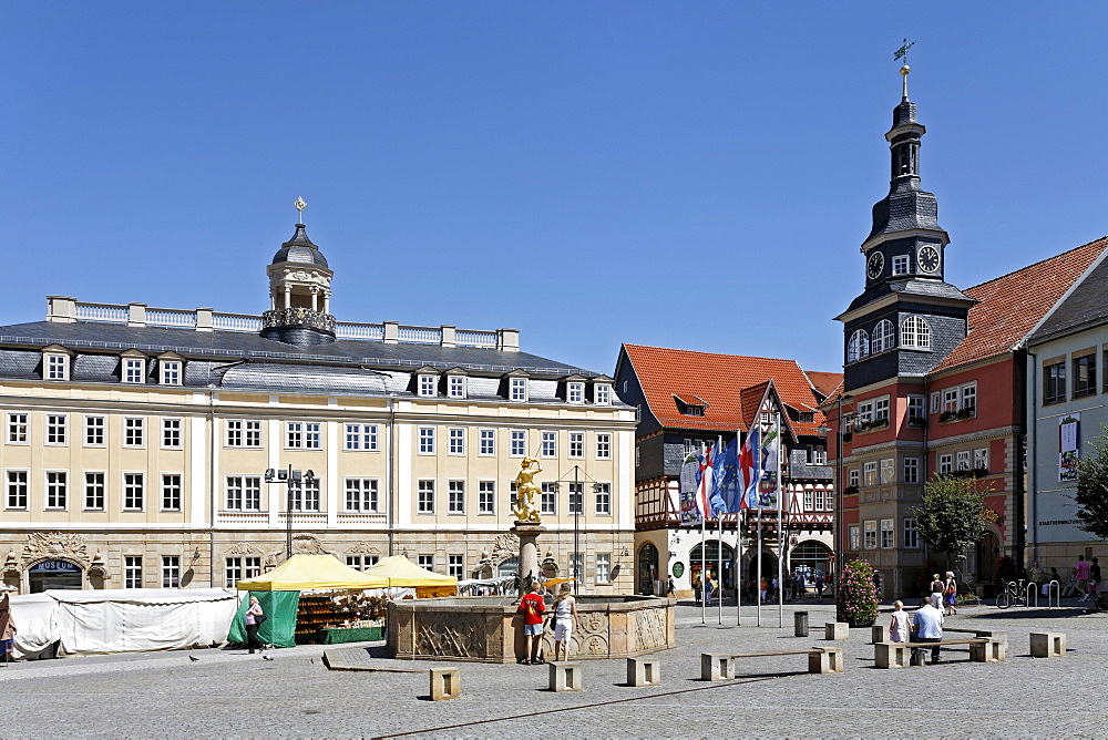 Martkplatz market place with Stadtschloss palace and city hall, Eisenach, Thuringia, Germany, Europe