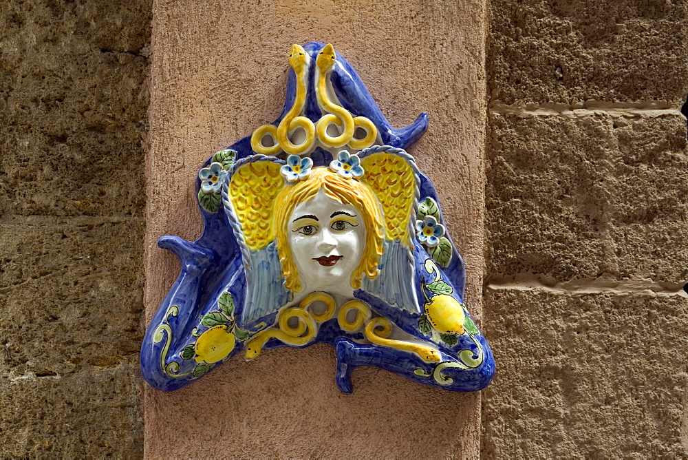 Ceramic Thrinacia Tranacria, three-legged symbol of Sicily, town of Cefalu, Province of Palermo, Sicily, Italy