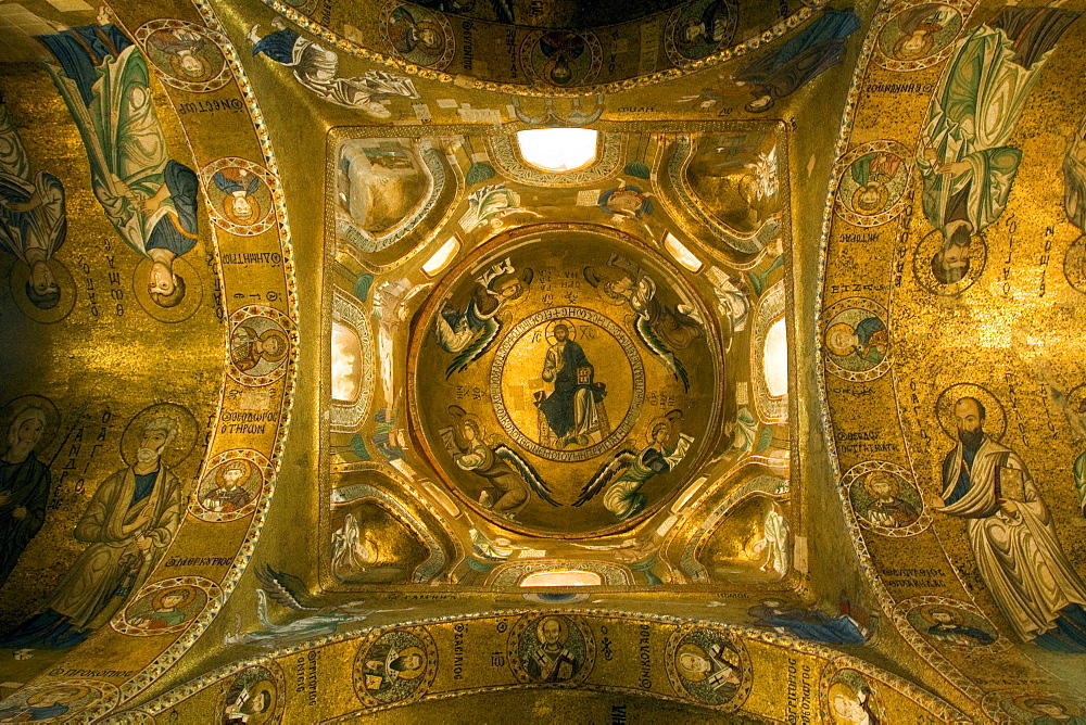 Greek Byzantine gold mosaics in dome of church of the Martorana, Palermo, Sicily, Italy, Europe