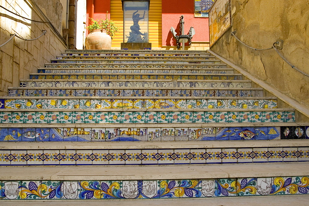 Ceramic tiles, decorative stairs, Sciacca, Sicily, Italy, Europe