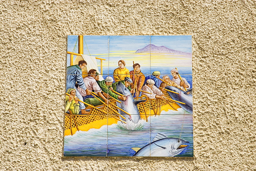 Ceramic tiles, wall decoration, fishing scene, Sciacca, Sicily, Italy, Europe