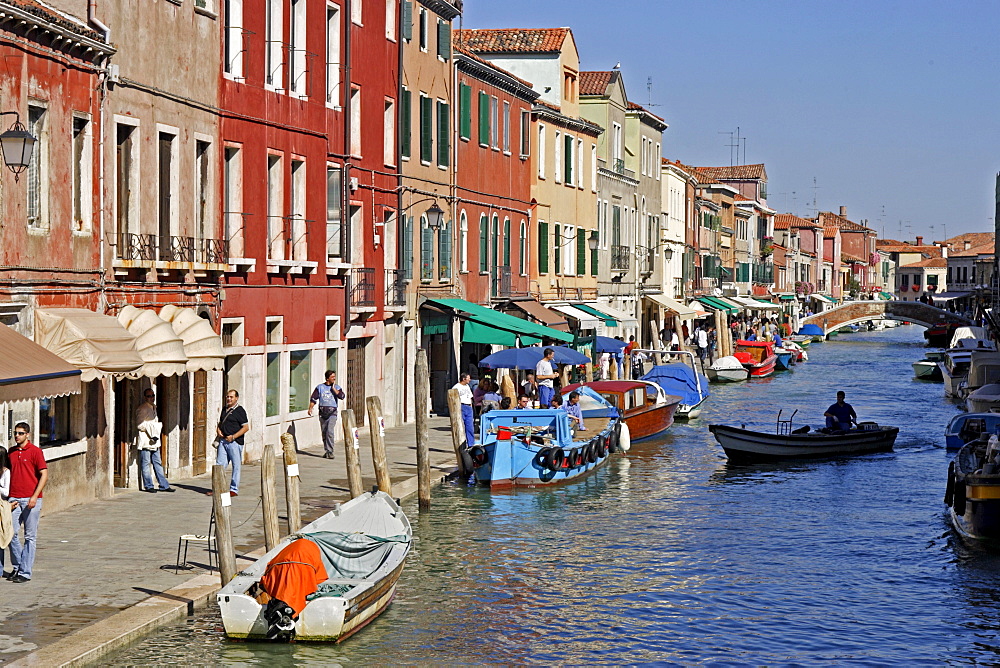 Shops and building facades along a canal, Murano, Venice, Veneto, Italy, Europe