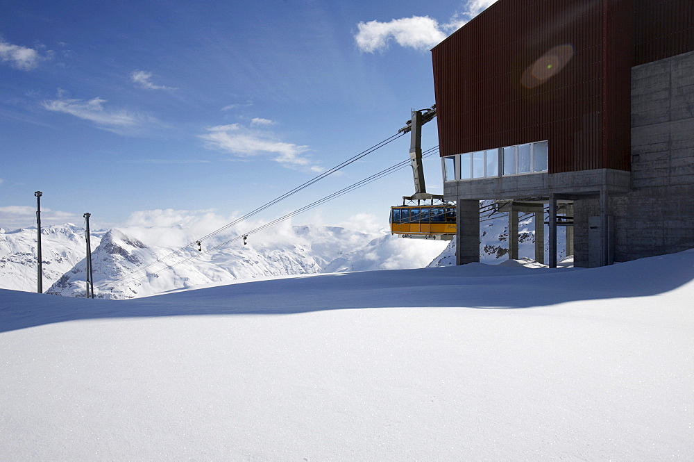 Gondola station, snow landscape, St. Moritz, Grisons, Switzerland, Europe