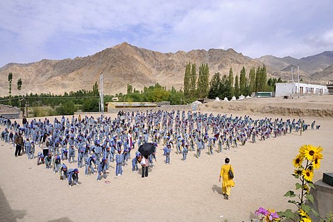 Morning report in the Indian school system at a school in Lamdon, Leh, Jammu and Kashmir, India, Himalayas, Asia