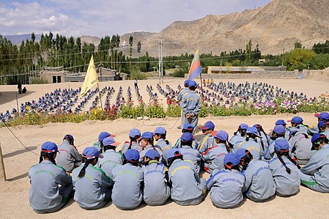 Morning report in the Indian school system at a school in Lamdon, Leh, Jammu and Kashmir, India, Himalayas, Asia