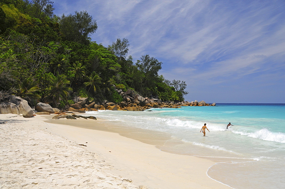 Beach with granite rocks and tropical vegetation, Anse Georgette, Praslin Island, Seychelles, Africa, Indian Ocean