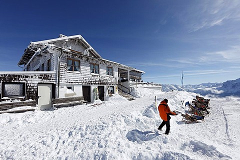 Wankhaus ski lodge on Wank mountain near Garmisch-Partenkirchen, Werdenfelser Land, Upper Bavaria, Bavaria, Germany