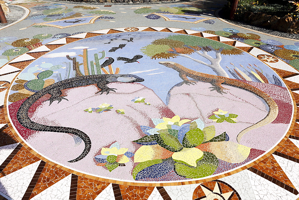 Mosaics on the floor, Plaza La Glorieta Square in Las Manchas, designed by Luis Morera, La Palma, Canary Islands, Spain, Europe