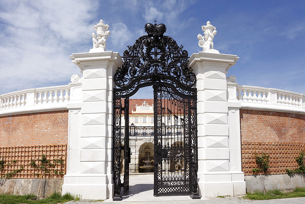 Wrought iron gate and fountain grotto, baroque terrace garden, Schloss Hof castle in Schlosshof, Marchfeld, Lower Austria, Austria, Europe