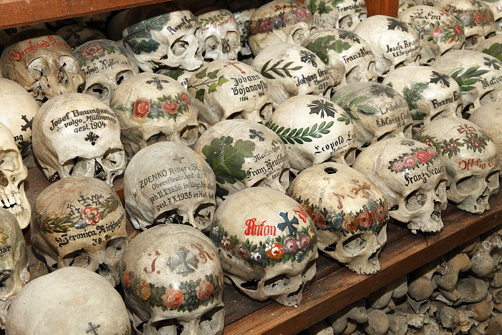 Skulls in the ossuary, Karner St. Michaelskapelle St. Michael Cchapel, Hallstatt, Salzkammergut region, Upper Austria, Austria, Europe