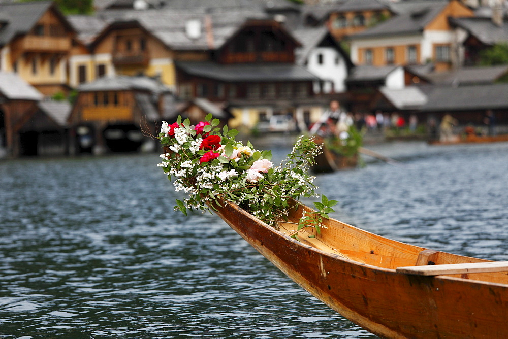 Festively decorated "Plaette" boat, Corpus Christi maritime procession, Hallstatt, Hallstaetter See Lake, Salzkammergut region, Upper Austria, Austria, Europe