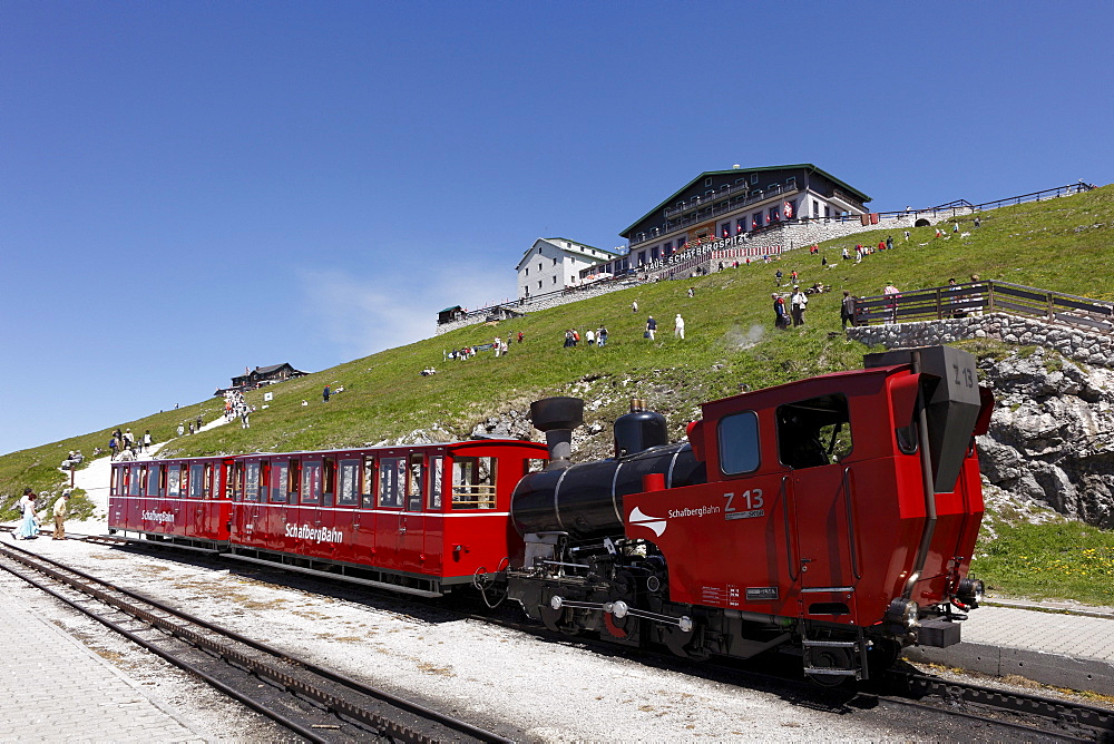 Schafbergbahn mountain train, Berghotel Schafbergspitze mountain hotel, Schafberg mountain, Salzkammergut region, Salzburg Land state, Austria, Europe