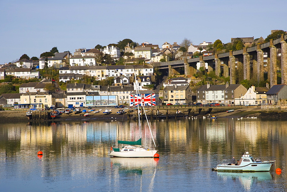 Royal Albert Bridge and river Tamar against Saltash riverside, Saltash Passage, Plymouth, between Cornwall and Devon, England, United Kingdom, Europe