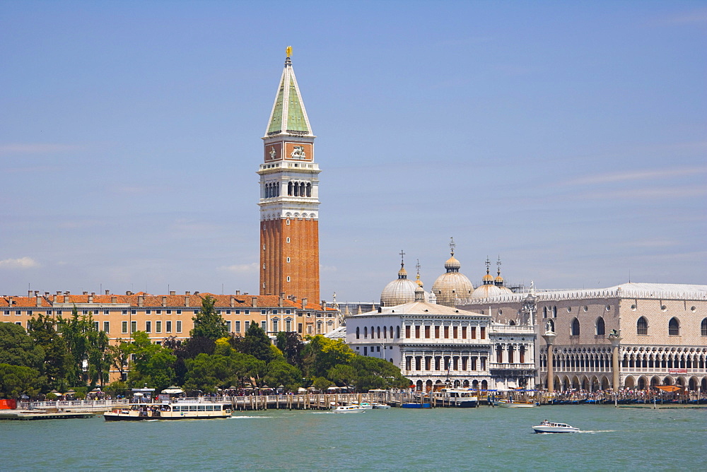 View on Piazza San Marco with Campanile of San Marco, Bell Tower, and Palazzo Ducale, Palace of the Doges, from Canale della Giudecca, Venice, Italy, Europe