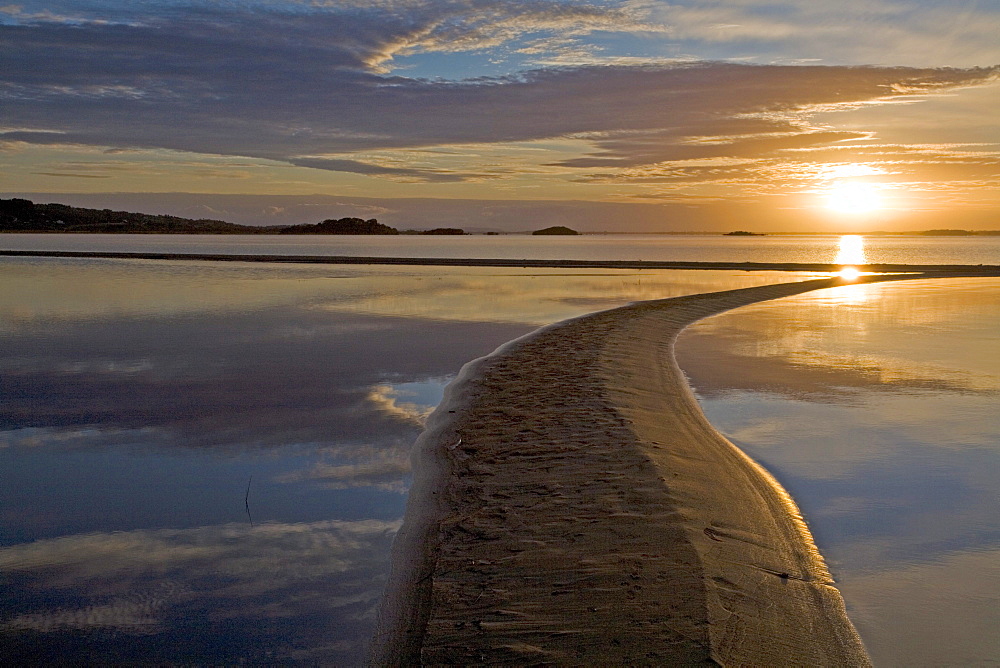 Sandbank at sunrise over Lough Mask in Connemara, County Mayo, Connaught, Ireland, Europe