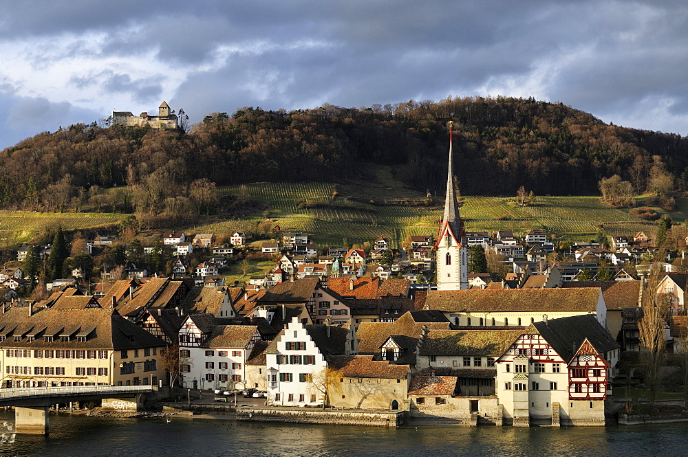 The historic city of Stein am Rhein with the castle Hohenklingen in the evening light, Canton Schaffhausen, Switzerland, Europe