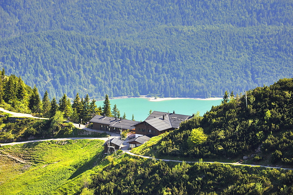 The mountain inn Herzogstand, in the back the Walchensee lake, district of Bad Toelz-Wolfratshausen, Bavaria, Germany, Europe