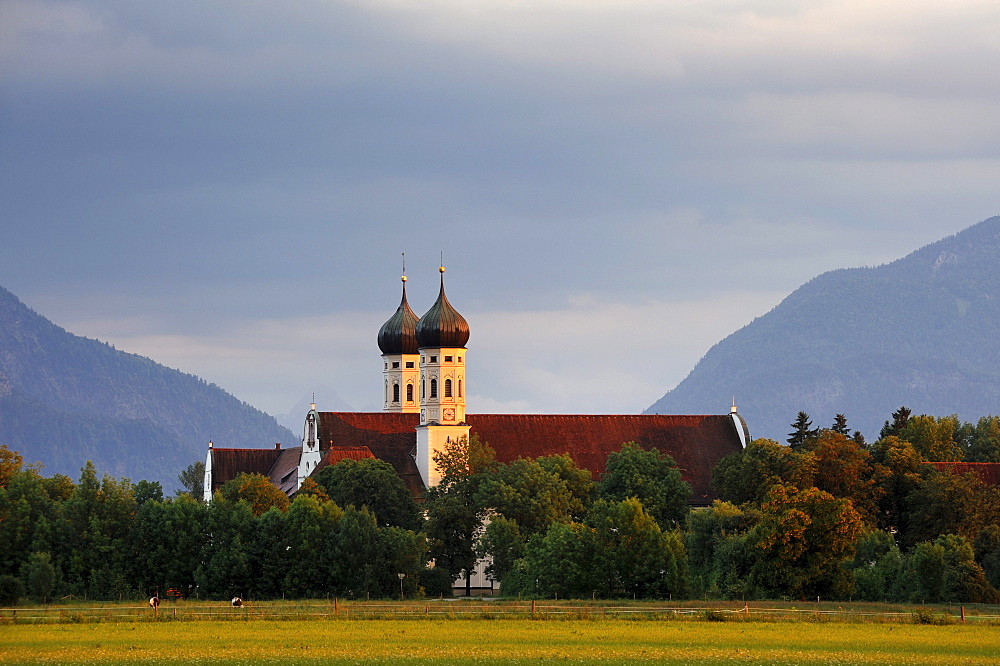 Kloster Benediktbeuern monastery in the evening light, district of Bad Toelz-Wolfratshausen, Bavaria, Germany, Europe