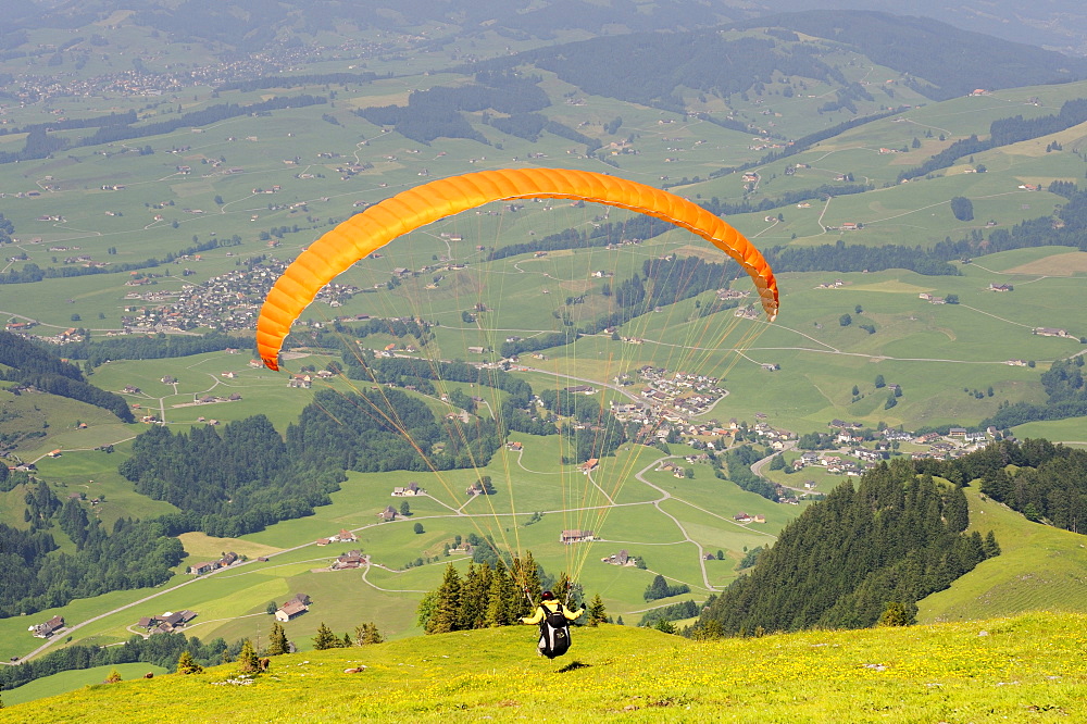 Paragliding or hang-gliding on Ebenalp Mountain, Canton of Appenzell Innerrhoden, Switzerland, Europe