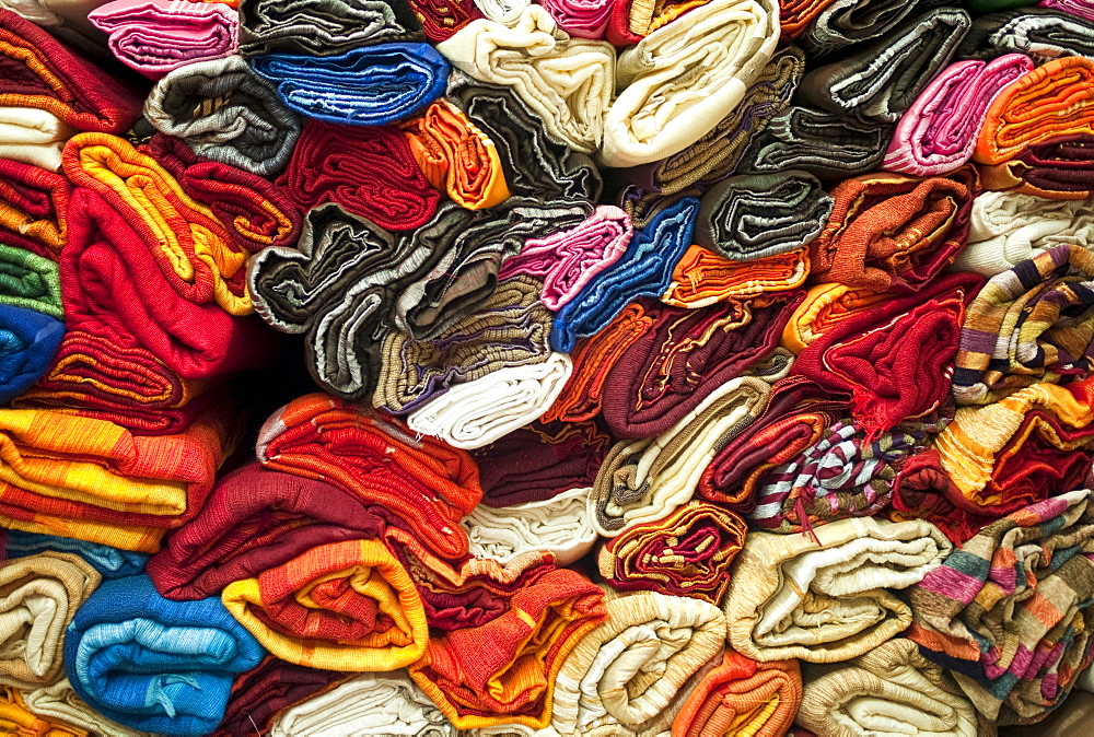 Colorful textiles in the Suq, Medina, Marrakech, Morocco, Africa