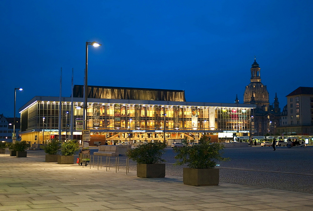 Kulturpalast, Palace of Culture, Frauenkirche church at back, landmark of the city, Dresden, Saxony, Germany, Europe