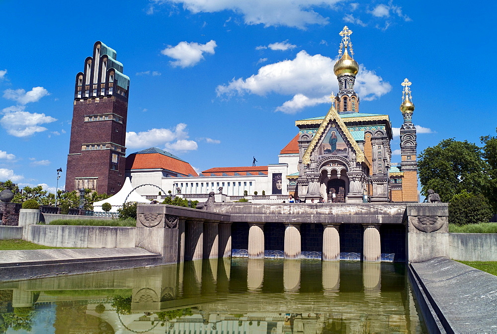 Mathildenhoehe with the Hochzeitsturm wedding tower and the Russian Chapel, Mathildenhoehe, Darmstadt, Hesse, Germany, Europe.