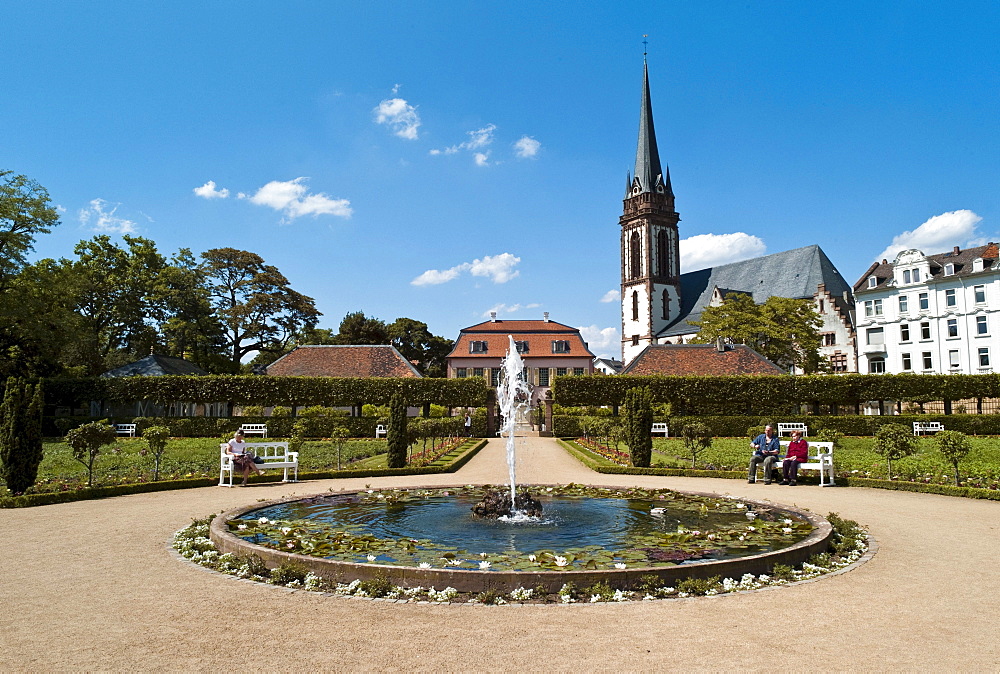 Prinz-Georg-Garten garden, in the back the St. Elizabeth church, Darmstadt, Hesse, Germany, Europe