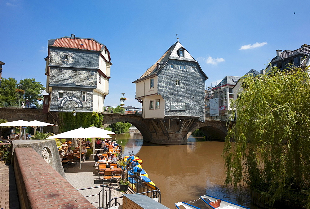 Old bridge across Nahe River with bridge houses, Bad Kreuznach, Rhineland-Palatinate, Germany, Europe