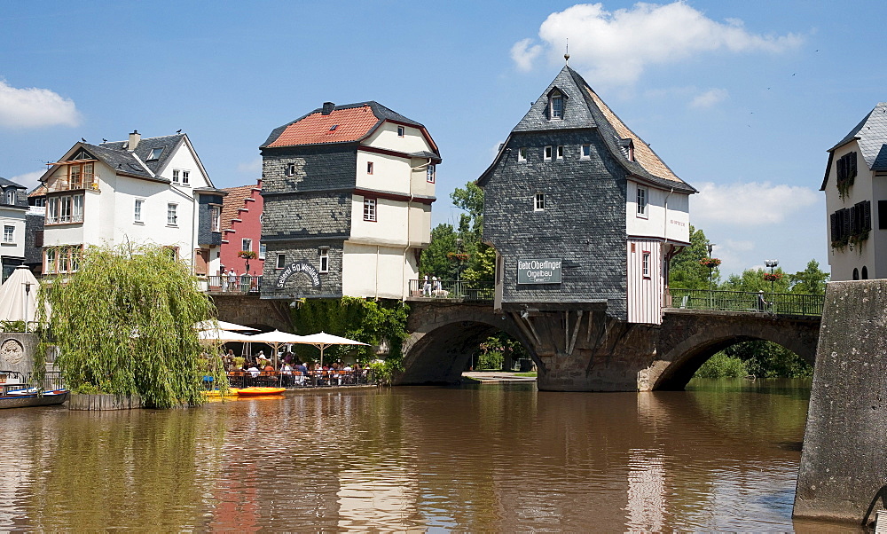 Old bridge across Nahe River with bridge houses, Bad Kreuznach, Rhineland-Palatinate, Germany, Europe