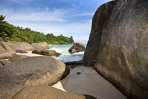 Beach near Vista do Mar with the typical granite rocks of the Seychelles, Glacis, Mahe Island, Seychelles, Indian Ocean, Africa
