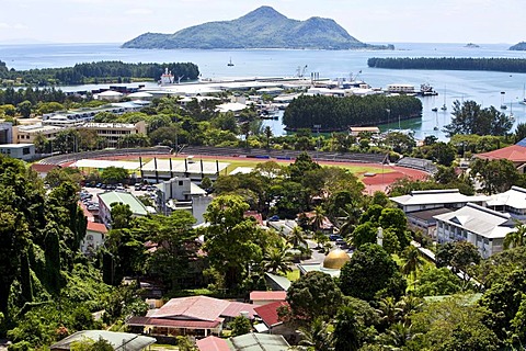 View from Bel Air towards the capital city of Victoria and the stadium, at back the islands St. Anne, Ile au Cerf, Ile Moyenne, Ile Ronde and Ile Longue, Mahe Island, Seychelles, Indian Ocean, Africa