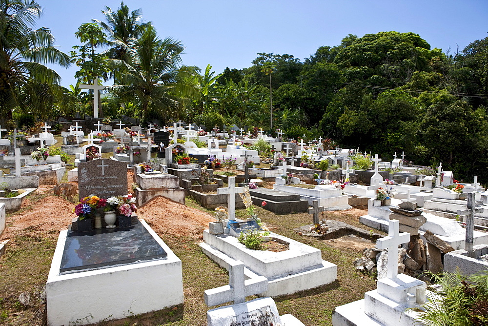 Colorful cemetery in the south-west of Mahe Island, Seychelles, Indian Ocean, Africa