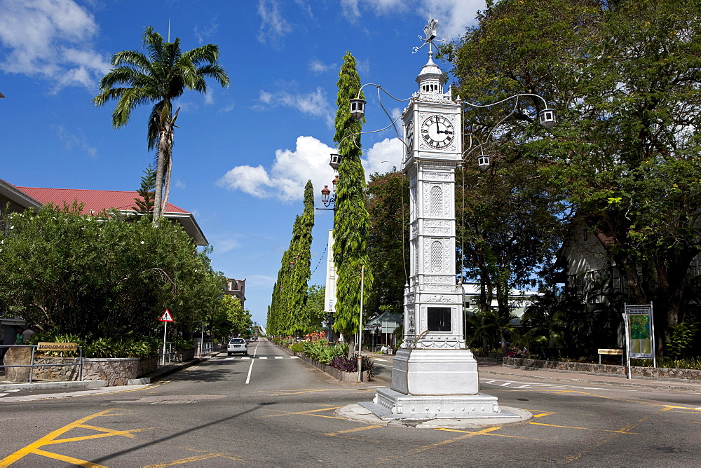 Clock Tower on the corner of Albert Street and Independence Avenue, the capital city of Victoria, Mahe Island, Seychelles, Indian Ocean, Africa