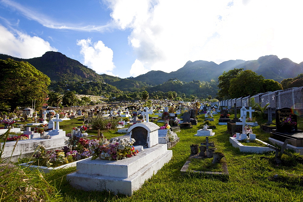 Cemetery of the capital city Victoria, Mahe Island, Seychelles, Indian Ocean, Africa