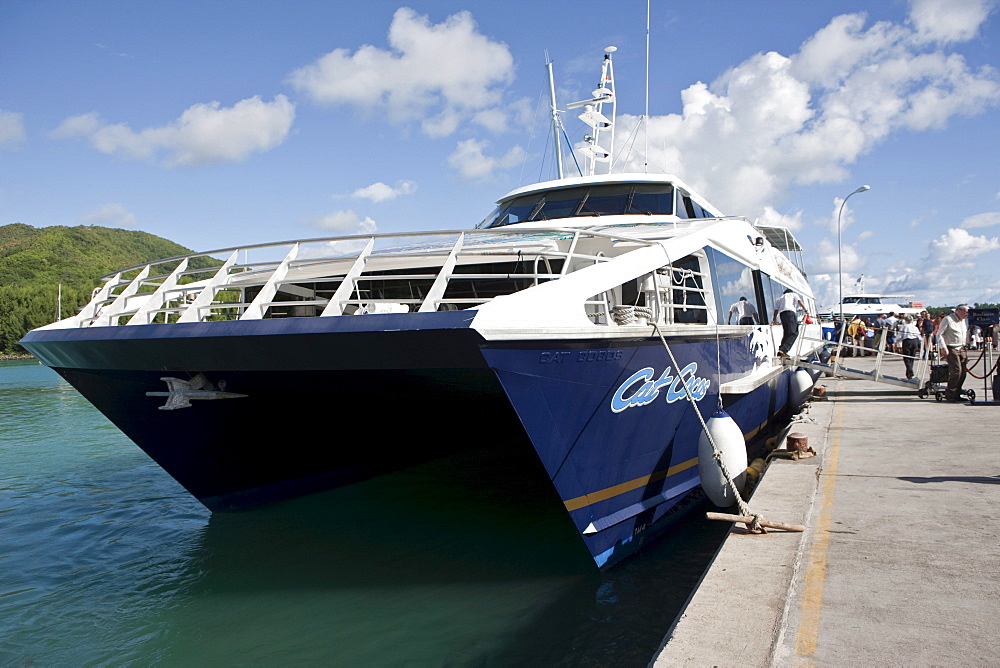 Cat Cocos ferry in the port of Praslin, linchpin of the island of Praslin, Praslin Island, Seychelles, Indian Ocean, Africa