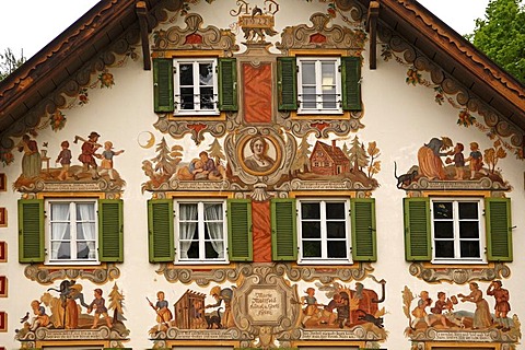 Lueftl Malerei, traditional mural painting on the side of Hansel und Gretel house, Oberammergau, Upper Bavaria, Germany, Europe