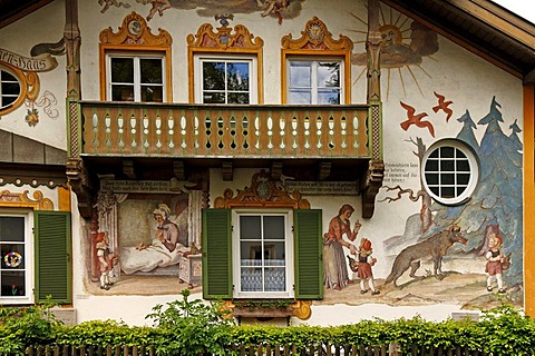 Lueftl Malerei with fairytale images, traditional mural painting on the side of a house, Oberammergau, Upper Bavaria, Germany, Europe