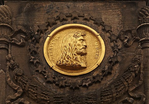 Portrait of Albrecht Duerer on golden relief plate, Nuremberg, Middle Franconia, Germany, Europe