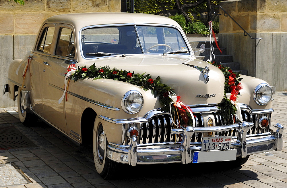 Chrysler DeSoto Custom 4 door sedan, 1949, decorated as a wedding car, Eckental, Middle Franconia, Bavaria, Germany, Europe