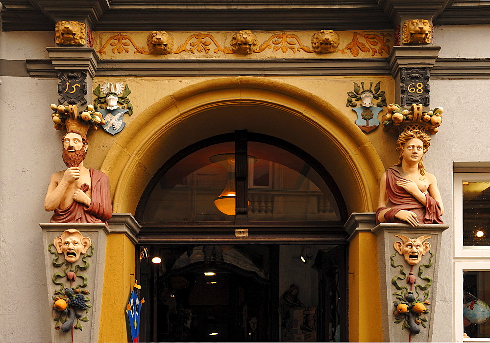 Figures of a decorative renaissance entrance, 1568, Lueneburg, Lower Saxony, Germany, Europe