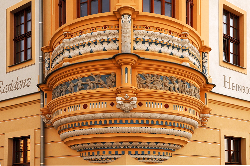 Decorative bay, detail, at an old house on the Neumarkt square, Dresden, Saxony, Germany, Europe