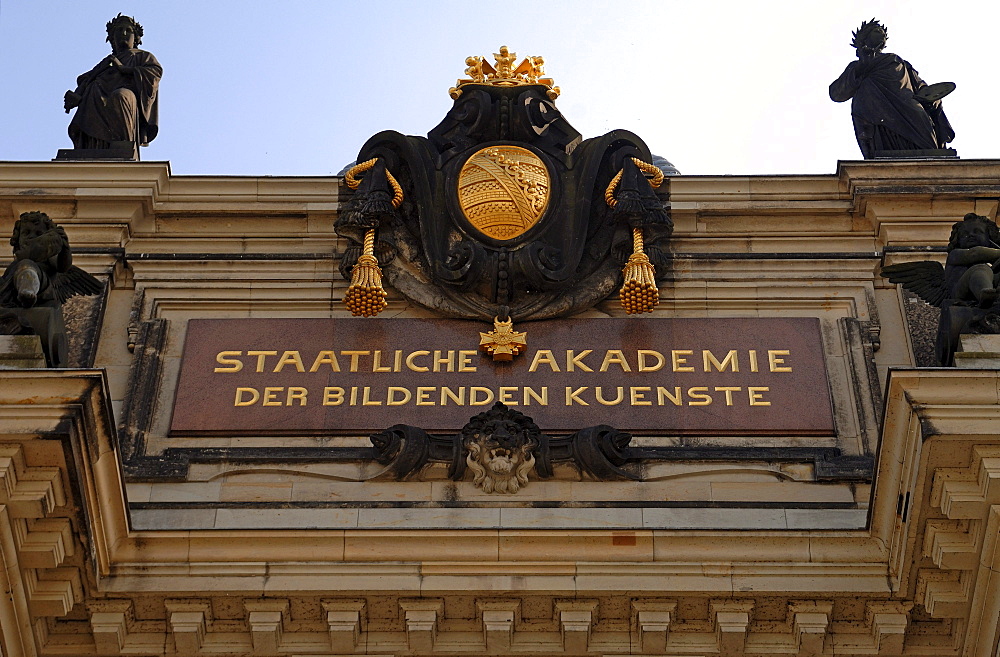 Entrance facade of the Staatliche Akademie der Bildenden Kuenste, State Academy of Fine Arts, Dresden, Saxony, Germany, Europe