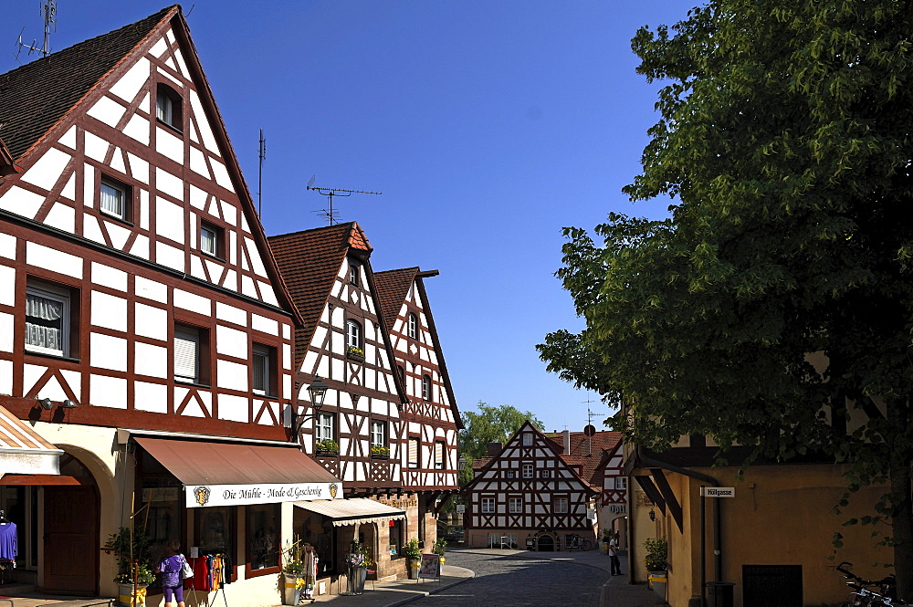 Street with old Franconian half-timbered houses, Lauf an der Pegnitz, Middle Franconia, Bavaria, Germany, Europe